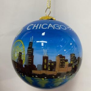 Inside painted Glass globe Chicago blue hour with fire works ornament