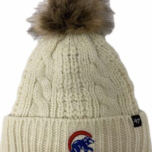 Chicago Cubs logo embroidery cable knitted beanie with pomp pomp in ivory