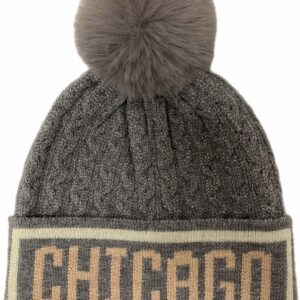 Chicago cable knit beanie in grey metalic accent with removable pomp pomp