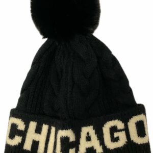 Chicago earflap cable knit beanie with removable pomp pomp in black and white