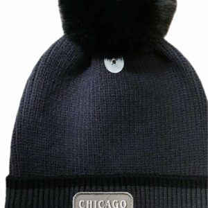 Chicago city sewn on patch ribbed knit beanie with removable pomp pomp in charcoal grey