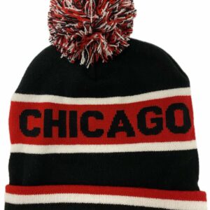 Chicago double layer light weight knitted beanie  with removable pomp pomp in black, red and white