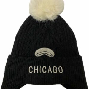 Chicago earflap cable knit beanie for kids with removable pomp pomp in black