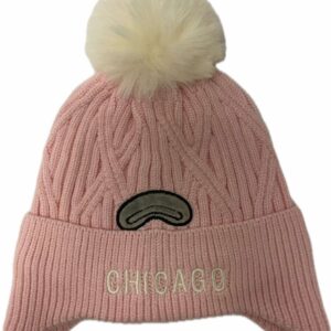 Chicago earflap cable knit beanie for kids with removable pomp pomp in pink