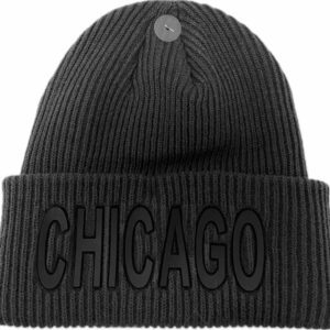 Double layer ribbed knit beanie with Chicago embellishment in dark grey