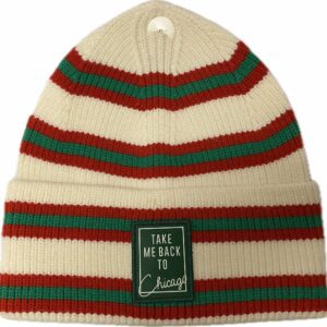 Take me back to Chicago sewn on patch ribbed knit beanie in red white and green