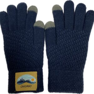 Chicago bean sewn on patch patterned knit gloves in navy
