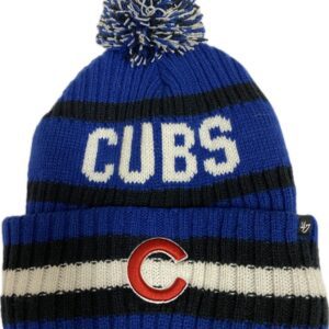 Cubs embroidery logo knitted lettering stripes beanie in black and blue